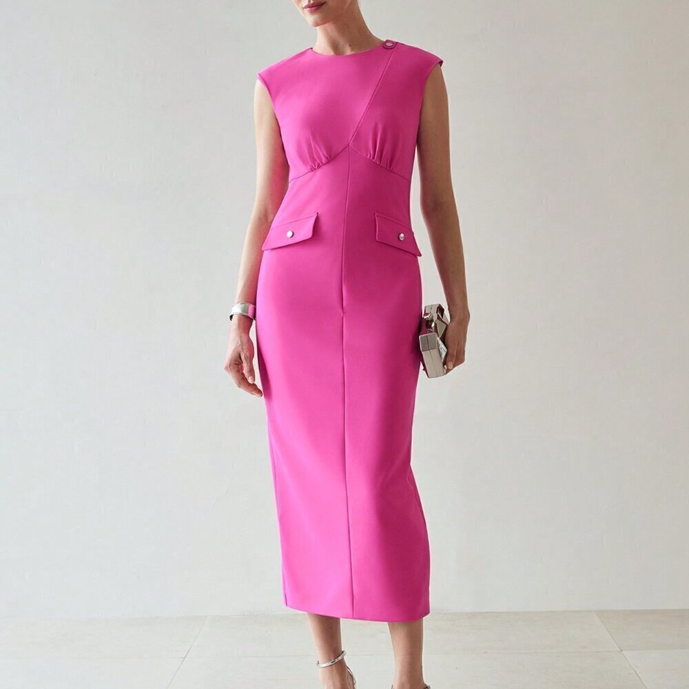 Hot Pink Elegant Women's Flap Detail Split Hem Cap Sleeve Dress - Picture 1 of 7